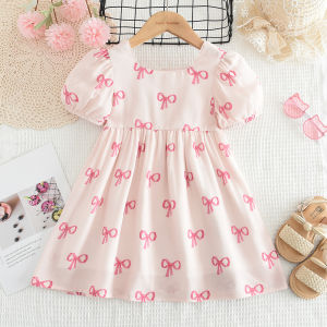 Bear Leader Cute Bow Print Girls Princess Dress Summer Short Sleeves Pink Dress for 3 to 7 Years Kids New Clothes Korean Version Casual Wear Clothing