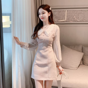 Elegant French Style Small Size Chic Wind Long Sleeve Chiffon Splicing Dress Autumn Winter Fashion High Waist A-Line Skirt