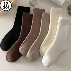 Tất Nữ Cổ Điển Màu Trơn Lót Lông Cừu Dài Đến Giữa Bắp Chân Mùa Đông 6/12 Đôi Thoải Mái Dày Dặn Ấm Áp Dệt Kim Polyester Elastane
