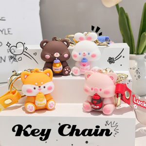 Cute luck drink cartoon keychain female soft plastic figurine car keychain backpack hanging piece