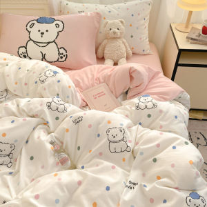 Soft Young Adult Cute Girl Polka Dot Bear Washed Cotton Bedding Four-Piece Set Dormitory Bed Sheet Duvet Cover Three-Piece Fitted Sheet