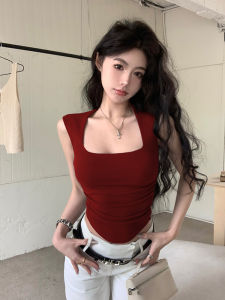 Spicy Girl Pleated Square Collar Mini Vest Women Summer Waist Cinch Sleeveless T-Shirt Inner Wear Tight Short Top