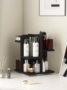 360° Rotating Makeup Storage Rack Cosmetic Display Stand Brush Lipstick Perfume Divided Organizer Wooden Bedroom Storage