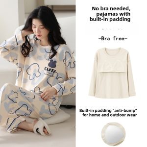 Miiow | Pure Cotton Sleepwear With Chest Pad Long Sleeve Long Pants Ladies Can Wear Outdoor Home Clothes Cat Person Cartoon Style