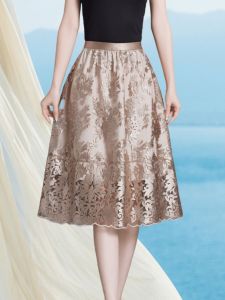 Elegant French Style Embroidered Heavy Lace Half Skirt Womens Summer High Waist A-Line Umbrella Skirt Polyester Fabric