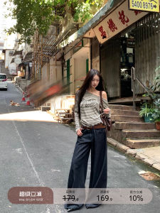 Womens Loose Straight Low Waist American Vintage Dark Blue Wide Leg Jeans Autumn New