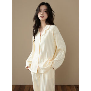 me home wear | Long Sleeve Turn-down Collar Apricot Stripe Womens Fall Pajama Set