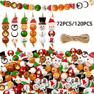 72PCS/120PCS Santa Claus Gingerbread Man Snowman Elf Series Christmas Themed Wooden Bead Set Holiday Party Decorations