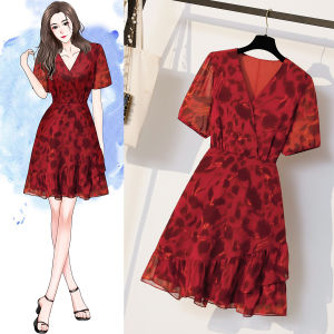 AIYITI | French Red Floral Plus Size Summer V-Neck Dress