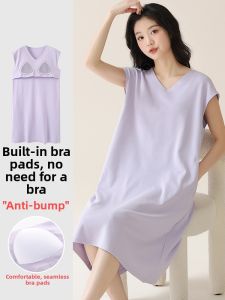 Fenteng Care Pure Cotton Sleeveless Vest Dress Womens Mid-Length Sleepwear with Chest Pad Can Be Worn outside V-Neck Solid Color