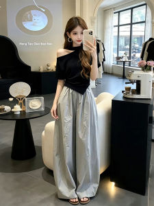 XUECAIQI | Unique Pretty Korean Style Two-piece Set Black One-shoulder Short Sleeve Top and Wide-leg Pants