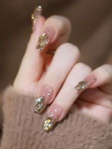 Ice Transparent Tea Jelly Color Gold Nail Flash Aurora Diamond in the Debris Fake Nail Patch Finished Product Nail Tip Fancy Wear Nail