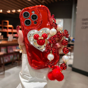 New Year Edition Red Silicone Phone Case with Diamond Sticker for  16Promax Full Cover Anti-Fall with Lanyard  15 Water Wave Diamond Mickey Stand