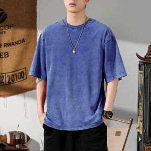 Personality washed vintage short sleeve T-shirt high-end 100% pure cotton men fashion round neck comfort lightweight casual top