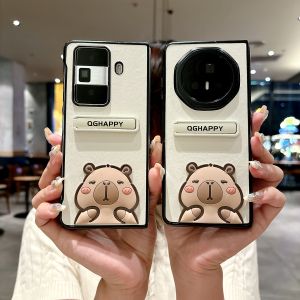 Cute Capybara Stand Foldable Screen Phone Case for Honor Magic V3 VS3 Creative Hand Rope Leather Texture Anti-Fall New Model