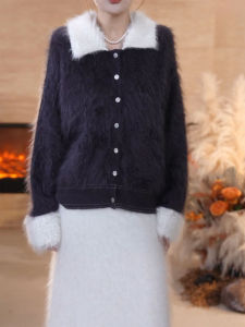 QINGNAER | Elegant撞色 翻领 单排扣 Knit Cardigan