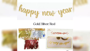Happy New Year Banner Cursive W Glitters Gold Silver Red Decorations for Festive Celebrations 1356