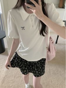 Loose Fit Short Sleeve T-Shirt with Embroidered Collar And Bow Summer Style for Women Korean Style POLO Shirt Half Sleeve Top