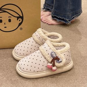 Fashionable Fleece Lined Cotton Slippers Womens Winter Polka Dot Indoor Home Wearable High Heel Roman Style Shoes