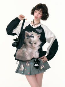 Áo Nỉ Cổ Tròn ZiziFei Thiết Kế Mỹ Mùa Thu Đông in Hình Mèo Màu Đen Trắng Phong Cách Thể Thao Cổ Chữ V Cho Nữ