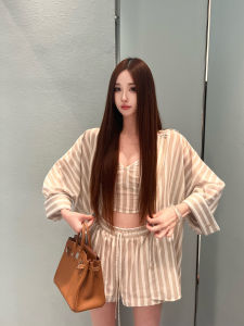 Moon Vera Striped Shirt And Tube Top Short Pants Set Casual High-End Feeling Leisure Internet Celebrity Stripe Pattern Womens Suit