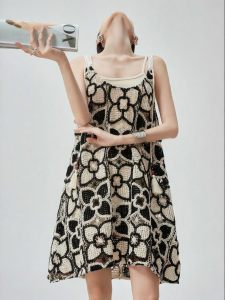XIAODADEHUA | Resort Style Floral Embroidery Lace-up A-Line Knit Dress