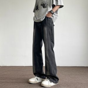 Washed out Mud Jeans Mens Summer American High Street Hiphop Loose Casual Straight Leg Long Pants Youth Trendy Wear