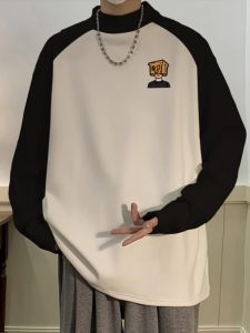 Thickened Fleece Long Sleeve T-Shirt Mens Winter Half High Collar Base Shirt Youth Middle School Students Color Block Dervo