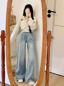 American Retro Light Wash High Waist Wide Leg Jeans Womens Spring Autumn Loose Slim Straight Floor-Length Pants