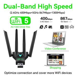 VAORLO | Dual Band 1300Mbps WiFi USB Adapter 2.4G/5Ghz Wi-Fi Dongle USB3.0 802.11AC 4-Antenna Wireless Receiver For PC/Laptop Driver Free