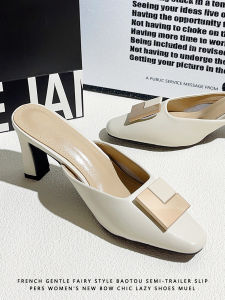 True Cowhide High Heel Slip-On Sandals Womens Summer New Style Comfortable Chunky Heel Lazy One-Touch Head Cover Casual Shoes