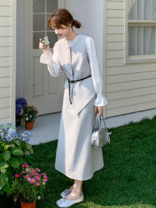 Gray French Style Shirt Vest Set Womens Autumn New Commute Skirt Three-piece Set Light Maturity Style Long Sleeve round Neck