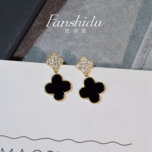Elegant Black Four-leaf Clover Earrings 2025 New Trend High-end Sensation Lightweight Luxury Embedded Zircon Pure Silver Needle Earrings Jewelry