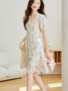 Elegant Silk Dress Womens 2025 New Summer High-End Hangzhou Brand Small Size Skirt Commute Korean Style Printed Pleated Zipper