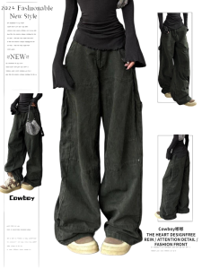 American Retro Washed Old Cargo Jeans Womens Spring & Fall High Street Straight-leg Loose Slimming and Wide Leg Draping Long Pants