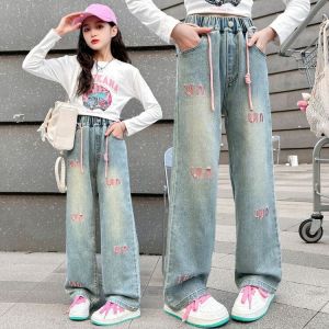 Little DR Jeans Kids Girls 2-15 Years Denim Long Pants Women Korean Pink Letter Elastic Waist Bottom Trousers Fashion Teenage Children Wide Leg Pants seluar budak perempuan