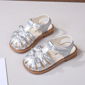 Princess Sandals for Girls Summer New Style Slip-On Soft Bottom Anti-Slip Shoes with Magic Tape Covering Head Butterfly Knot