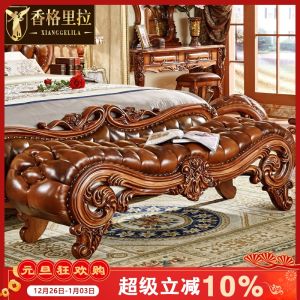 European Style Bedroom Luxury Wooden Bench Carved Details Shoe Changing Long Sofa Bedside Table for Adults