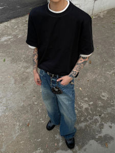 Black Cool Sensation T-Shirt Mens Summer Half Sleeve Color Block Short Sleeve CleanFit Standard Style Youth Fashion round Neck