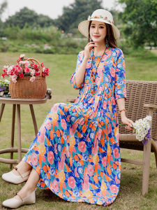 Summer Vintage Floral Large Size Loose Middle-Aged Womens Ethnic Style High-End Pure Cotton Silk Dress Elegant Mommy Clothes