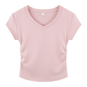 Blue Slim Fit Short Sleeve T-Shirt Womens Fashionable Pleated Waist-Cinching Short Style Commute Korean Version Solid Color