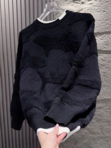 Black round Neck 3D Print Knitted Sweater Casual Loose Fashionable Mens Autumn New Style Long Sleeve Youth Popular Sweater