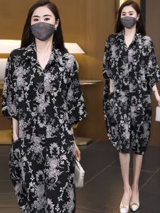 New Chinese Style Summer plus Size Womens Fashion Shirt Dress Loose Meat Covering Casual Dress Polyester Short Sleeve mid Length