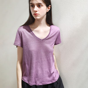 Miccbeirn | Pure Linen Knitted Texture Short Sleeve T-Shirt Casual V-Neck Commute Cool Feeling Loose Fit Inner Wear Summer Top