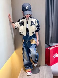 Girls Short Motorcycle Jacket Casual Baseball Style Fashion Color Block Trendy Coat Spring Autumn Cotton Polyester Material