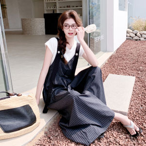 Striped Patchwork Cool Sweet Style High Waist Overalls Womens Summer 2025 Short Sleeve T-Shirt Two-Piece Set Casual Pants