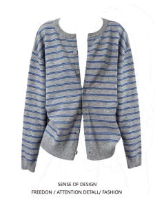 plus Size Womens Knitted round Neck Open Cardigan Retro Color Block Stripes Simple Fashion Spring Autumn Korean Style Top