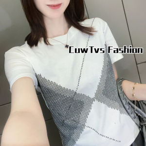 Summer 2025 Womens Slim Fit Cotton T-Shirt Short Sleeve Heavy Embellished Design Casual Style Printed Classic Pattern