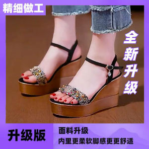 Womens Fashionable Summer Sandals Waterproof Platform High Heels Diamond Buckle Open Toe Shoes PU Leather Rubber Outsole