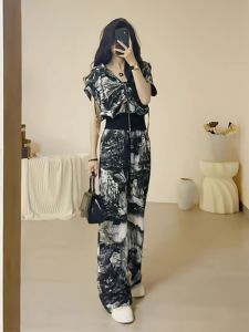 Summer Sportswear Set for Women High Waist Wide Leg Pants Two Piece Suit Gradient Color Hanging Hat Open Cardigan